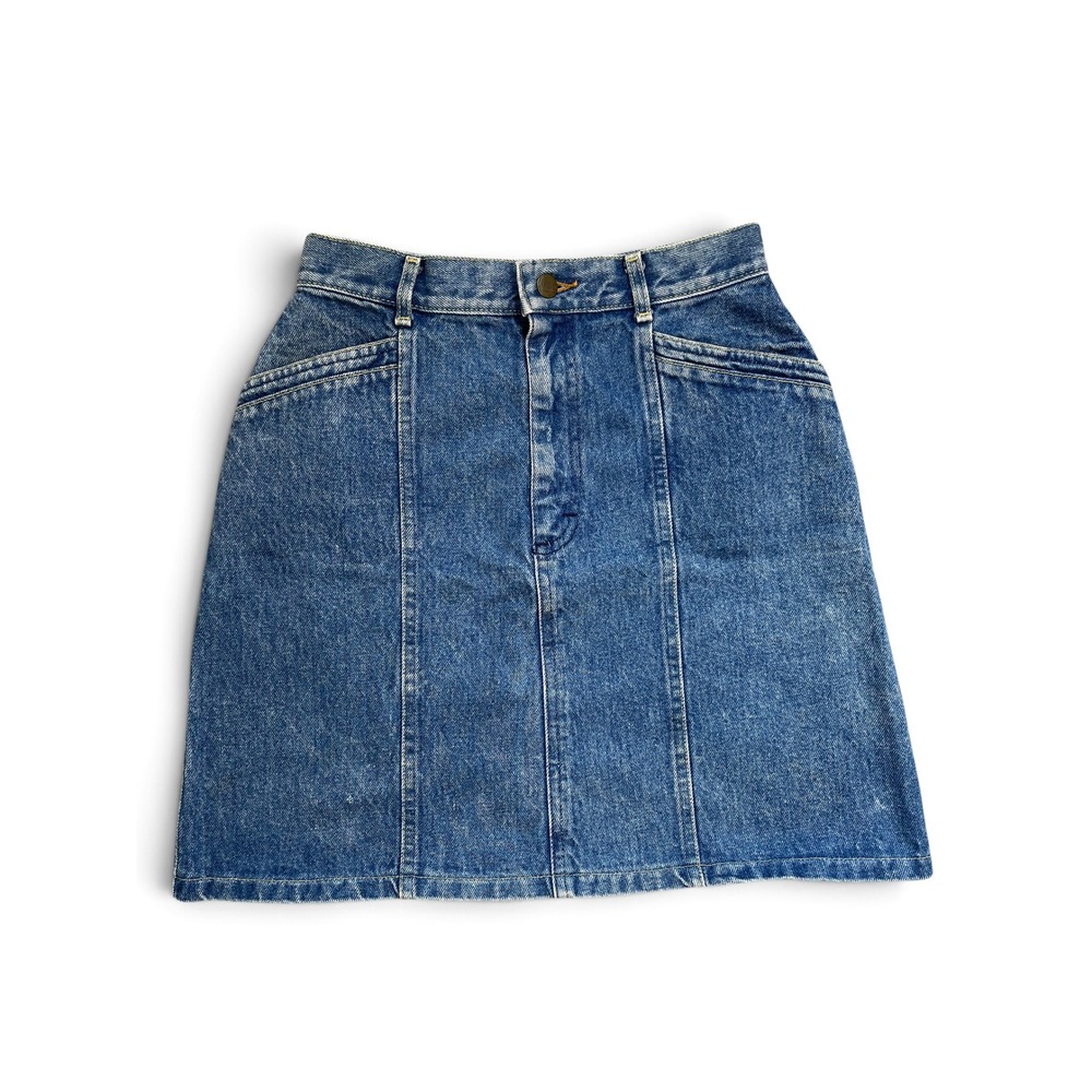 Vtg 80s Lee Denim Mini Skirt High Waisted Talon 42 Union Made Jean A-Line W26 9